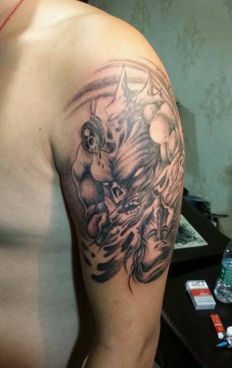 战神刑天纹身图片_肩部手臂人物鬼神成品纹身图案