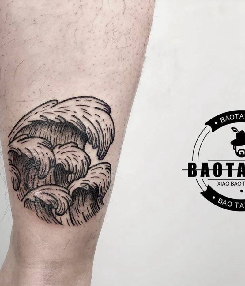 水浪纹身图片_腿部几何纹身图案