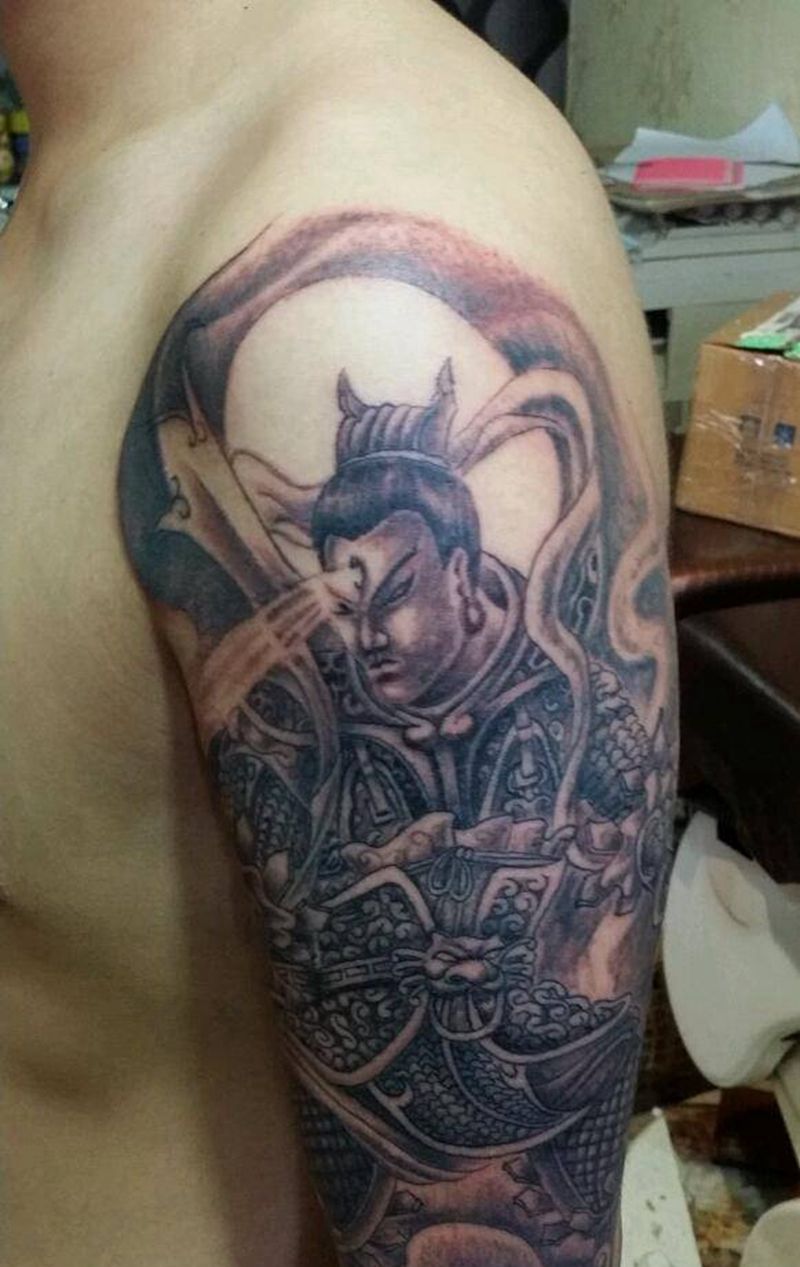 二郎神包大臂纹身图片_手臂传统习俗肖像鬼神纹身图案