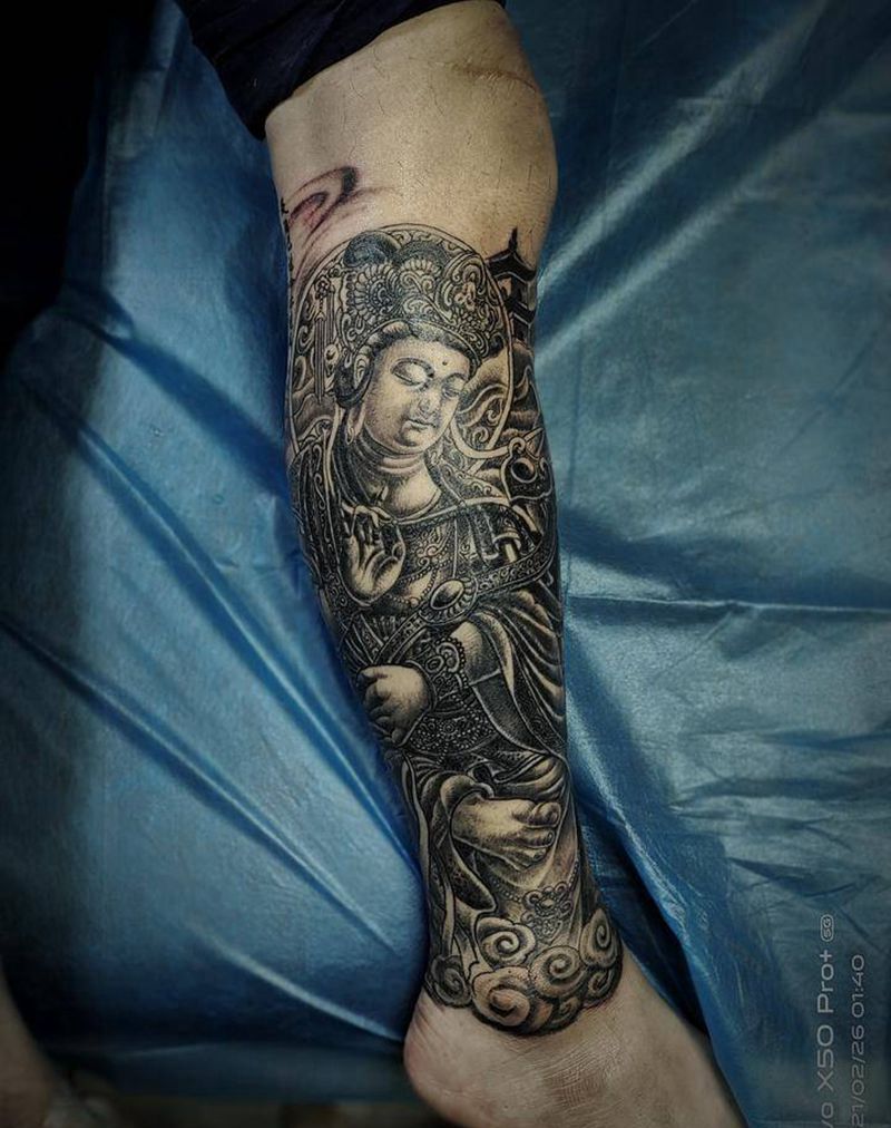 普贤菩萨包小腿纹身图片_腿部新传统纹身图案