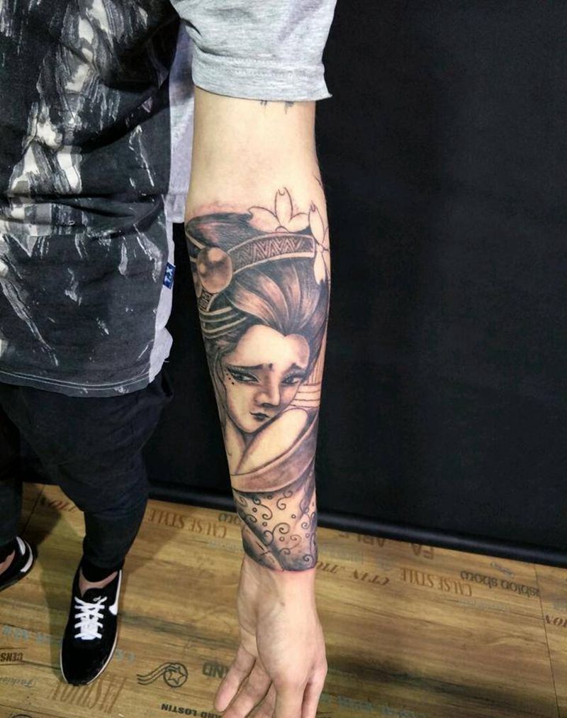 艺妓花臂纹身图片_肩部手臂手部传统人物成品手稿纹身图案