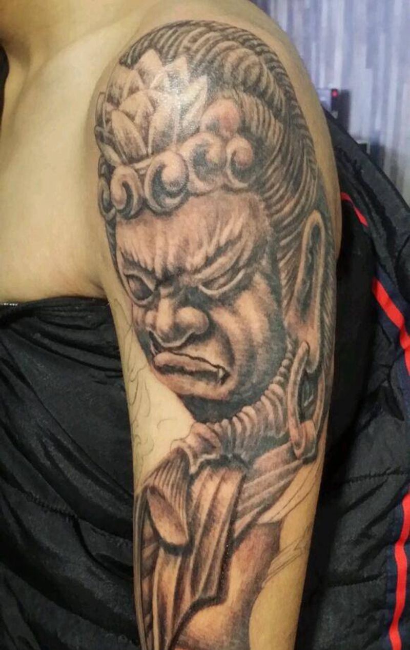 不动明王花臂纹身图片_手臂传统肖像鬼神宗教手稿纹身图案