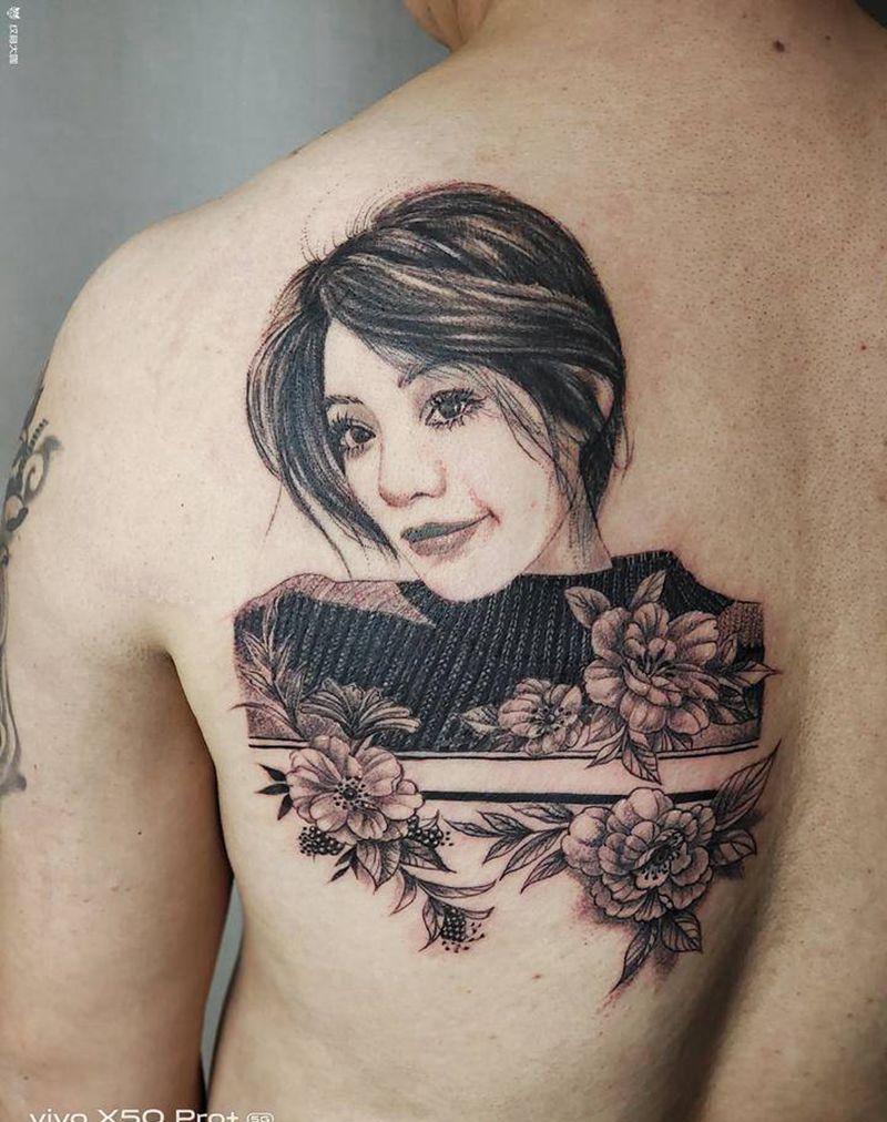 肖像纹身图片_背部新传统纹身图案