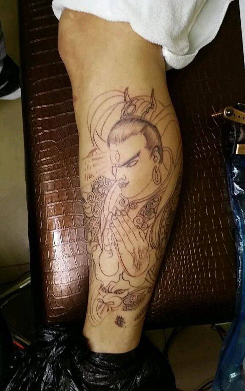 二郎神未完成纹身图片_腿部传统人物鬼神纹身图案