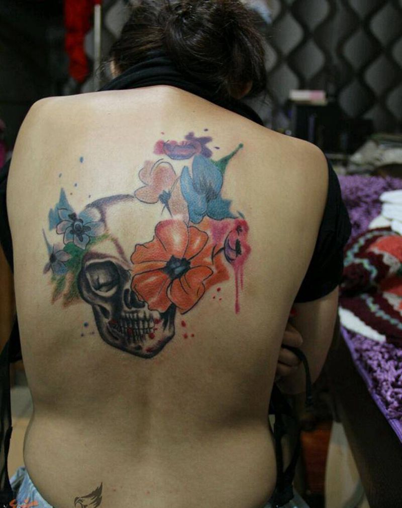 泼墨骷髅纹身图片_肩部背部臀部腿部欧美肖像清新国画人物鬼神纹身图案