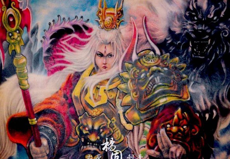 二郎神纹身图片_背部传统肖像国画人物鬼神宗教成品手稿纹身图案