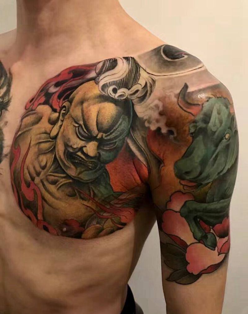 半甲纹身图片_成品肩部传统人物动物纹身图案