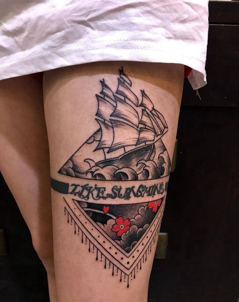 船纹身图片_腿部几何纹身图案