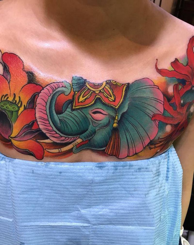 象神花胸纹身图片_成品胸部传统动物人物植物原创纹身图案