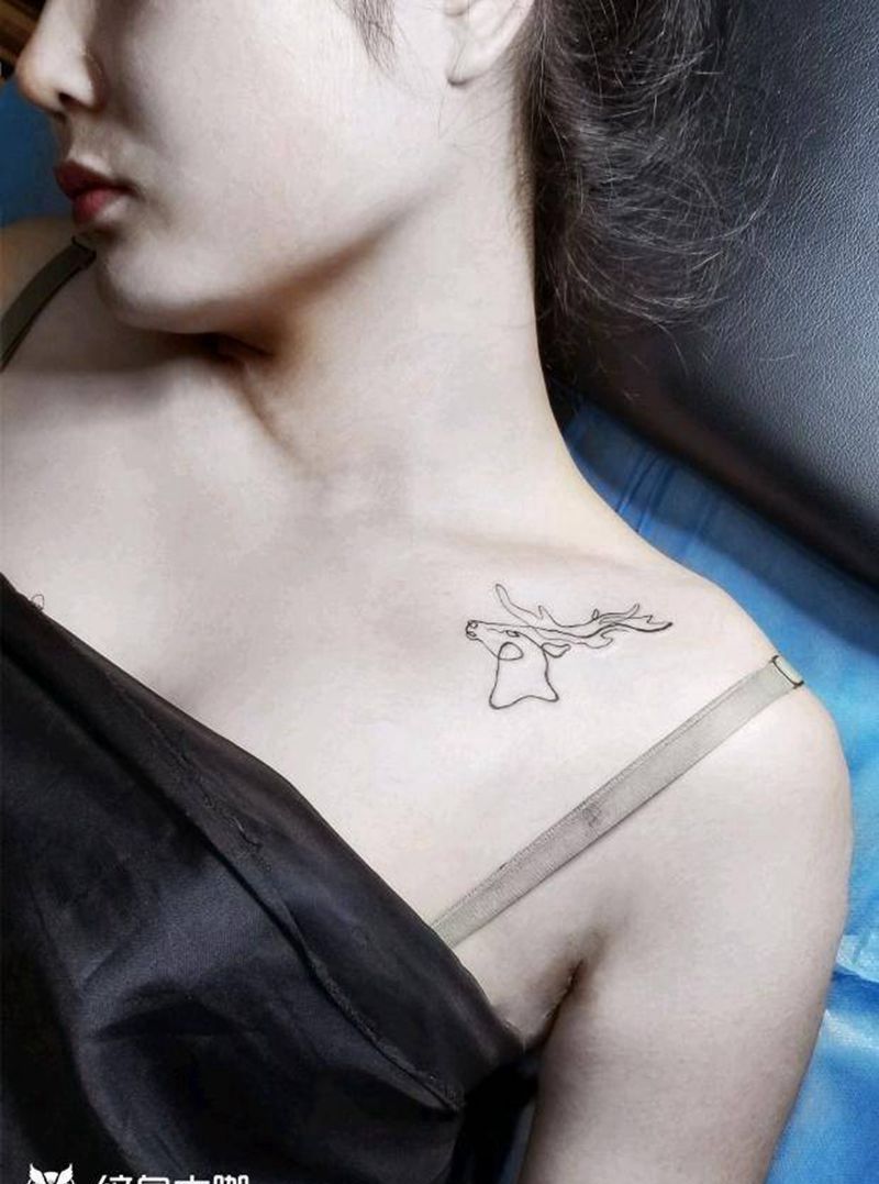 鹿纹身图片_胸部几何鹿简笔画纹身图案