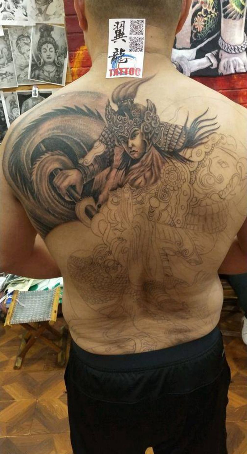 赵云纹身图片_背部传统肖像动物人物成品手稿插画纹身图案