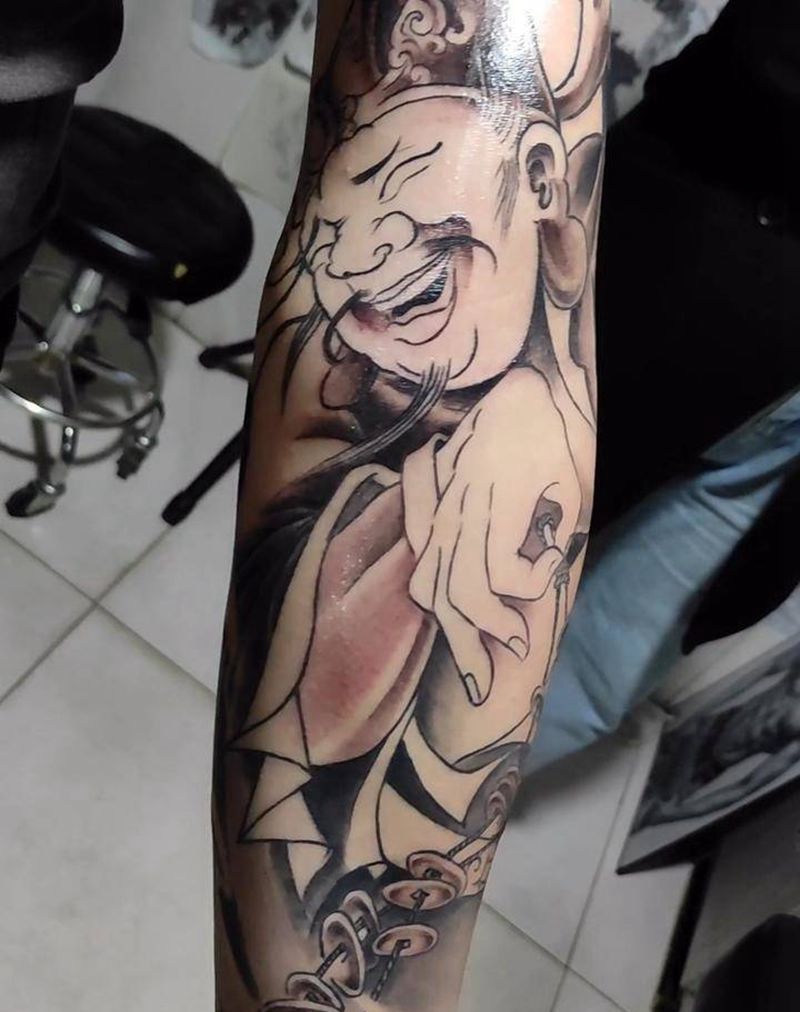 财神接花臂纹身图片_手臂新传统纹身图案