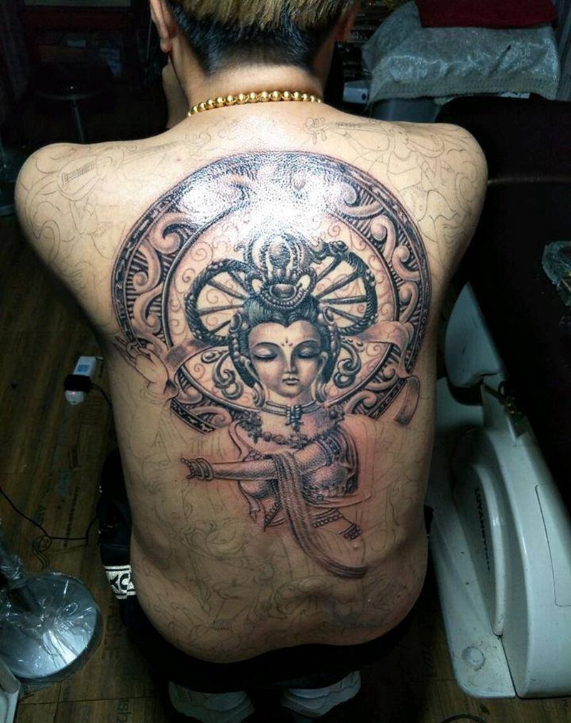 敦煌飞天纹身图片_背部成品手稿纹身图案