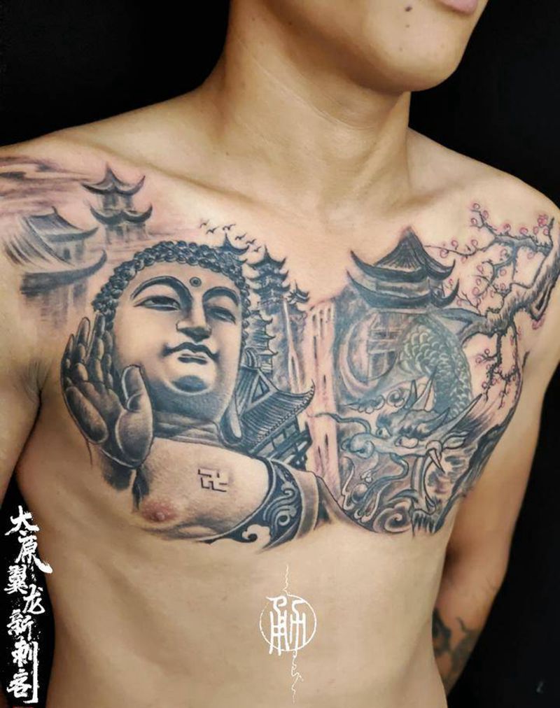 修改遮盖设计花胸如来佛祖纹身图片_胸部新传统纹身图案