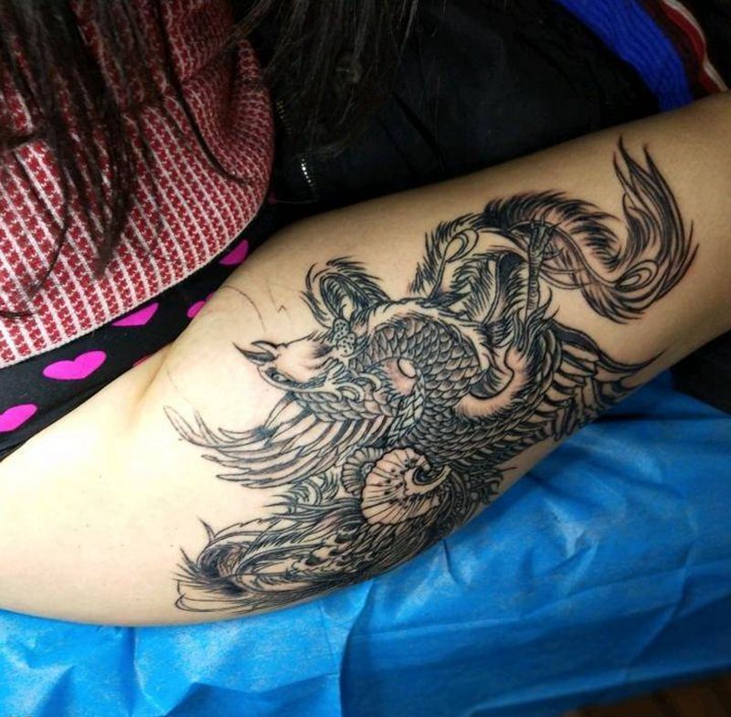 凤凰纹身图片_腿部传统动物成品手稿纹身图案