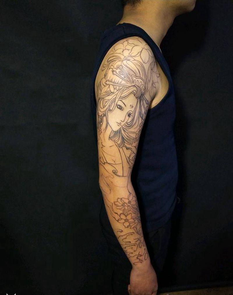 艺妓般若花臂纹身图片_肩部手臂手部传统肖像人物成品手稿纹身图案