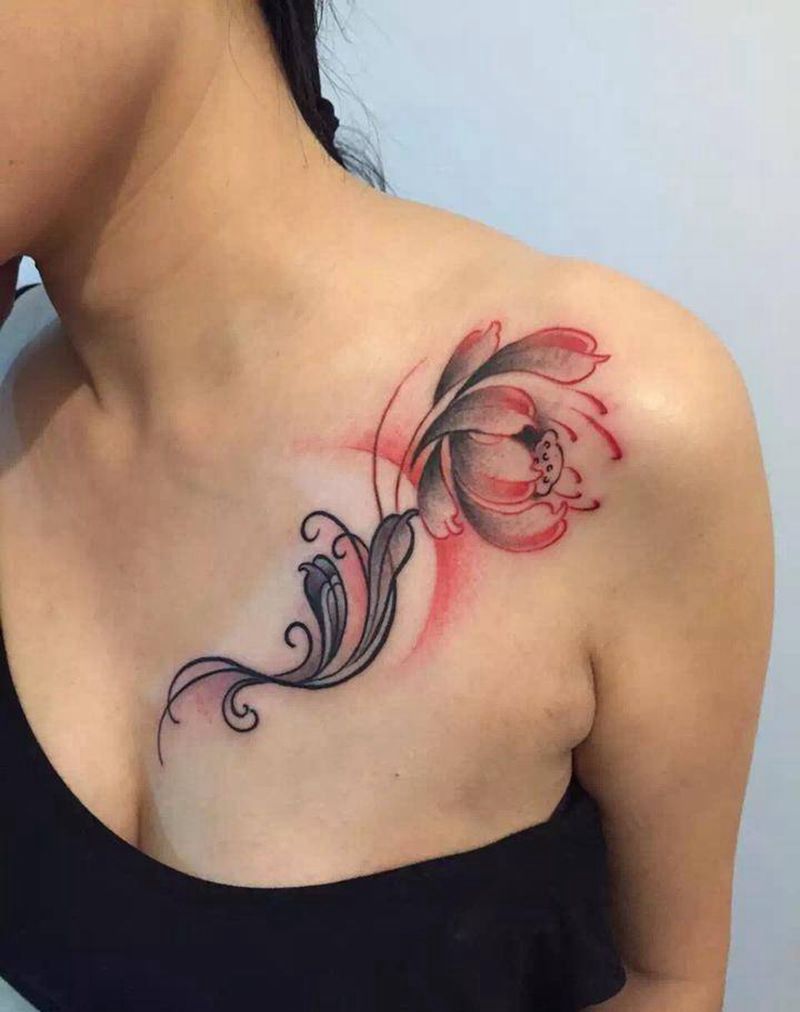 莲花纹身图片_成品手稿肩部胸部清新植物原创纹身图案