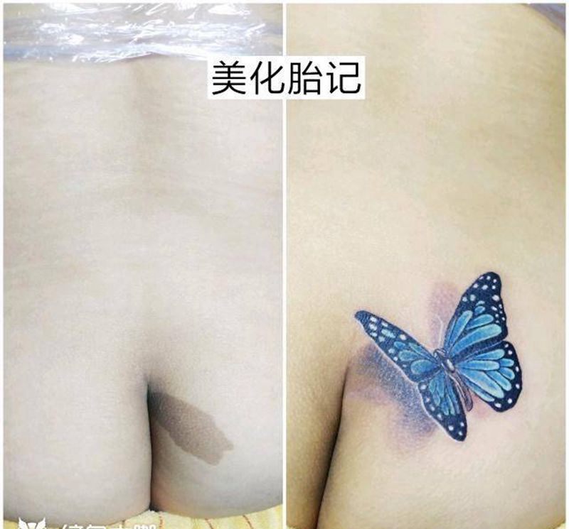 蝴蝶美化胎记纹身图片_臀部欧美写实水彩蝴蝶 盖胎记纹身图案