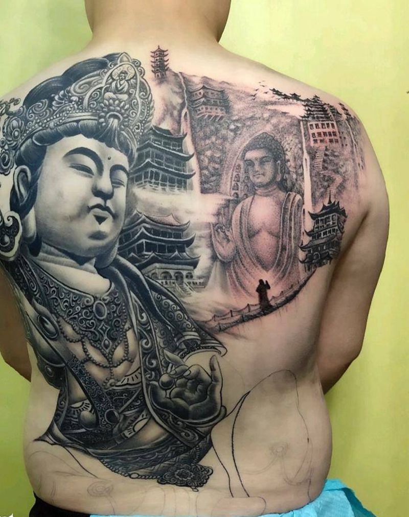 普贤菩萨纹身图片_背部新传统点刺纹身图案