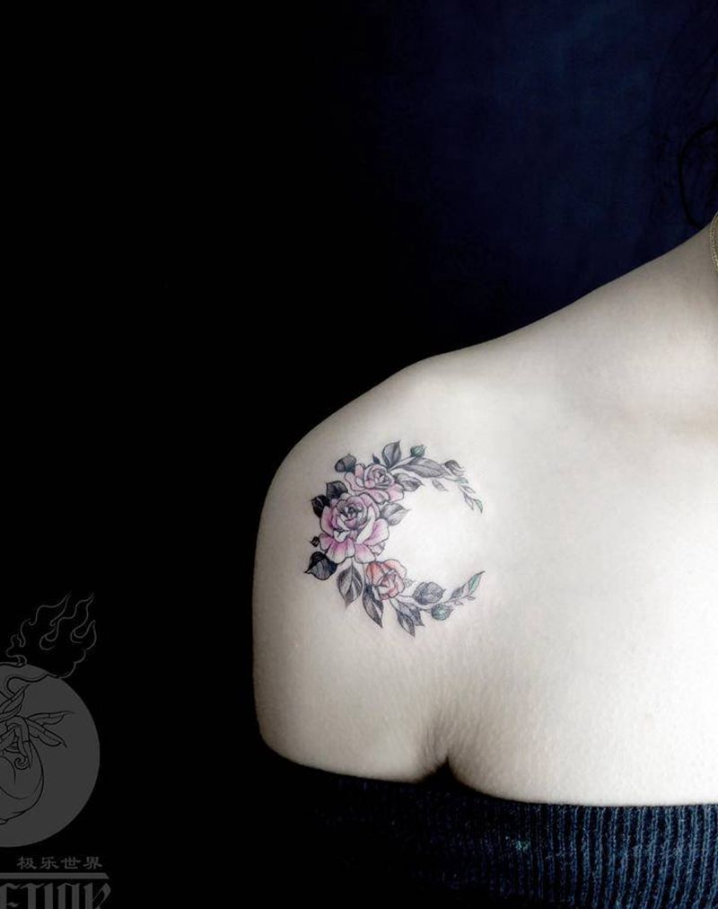 花草月亮纹身图片_肩部颈部水彩水墨小清新素花女生纹身纹身图案