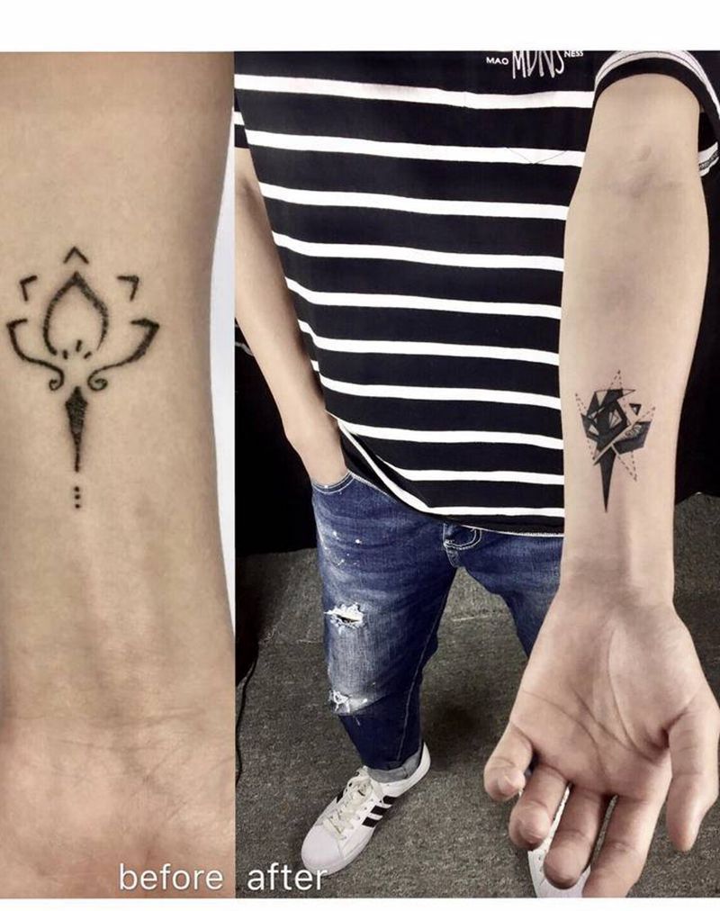 遮盖纹身图片_手臂手部图腾几何莲花遮盖旧纹身修改纹身图案