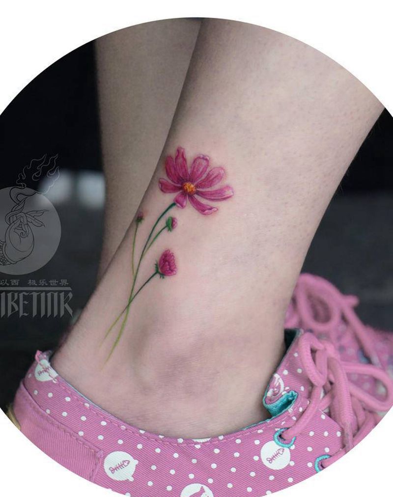 格桑花纹身图片_脚部腿部新传统水彩格桑花花朵小清新纹身图案