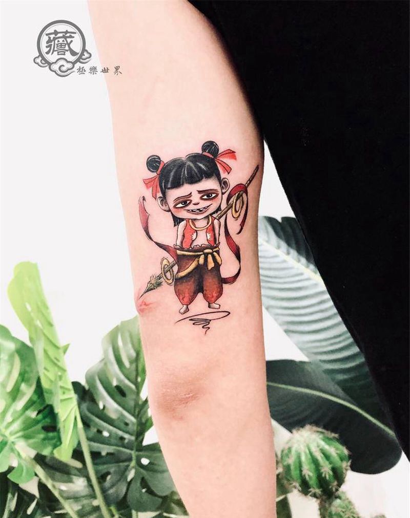 哪吒纹身图片_手臂手部New School水彩哪吒卡通可爱纹身图案