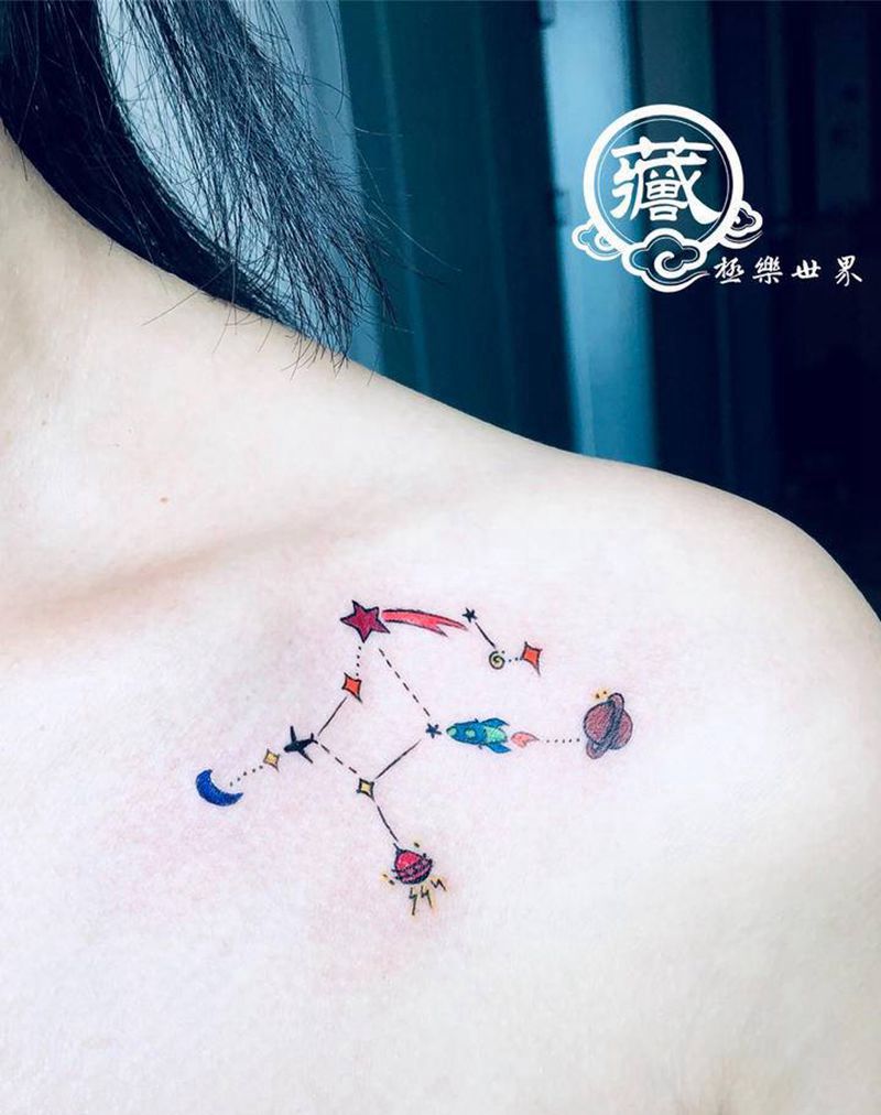 星座设计纹身图片_肩部颈部几何水彩星座小清新星座设计纹身图案
