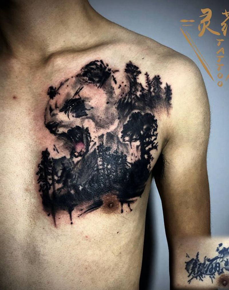 盖纹身图片_胸部水墨纹身图案