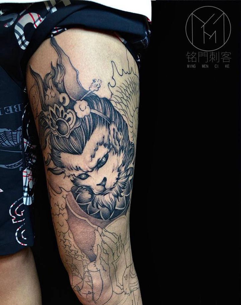 齐天大圣纹身图片_腿部纹身图案