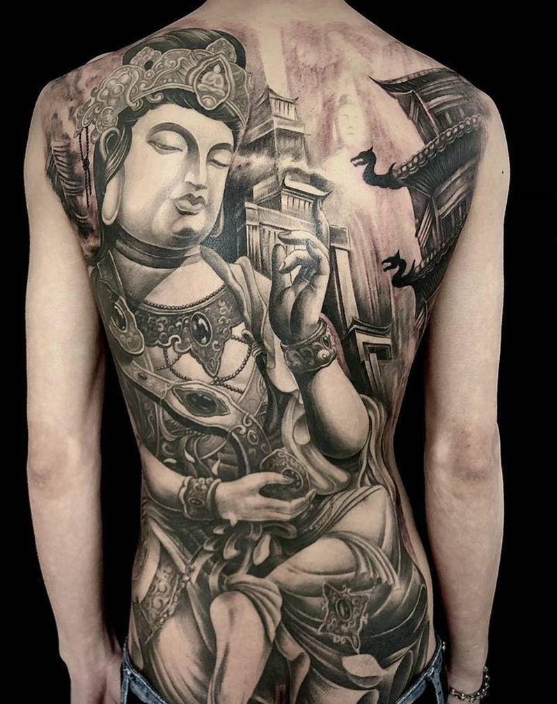 菩萨纹身图片_背部新传统纹身图案