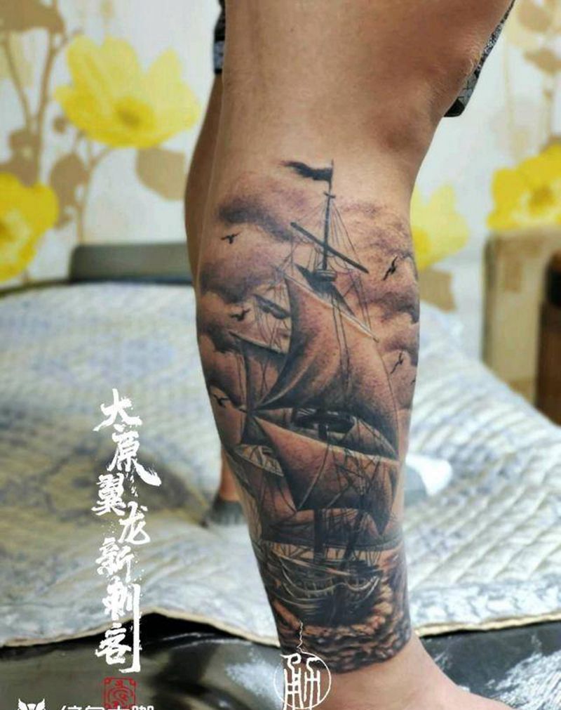 一帆风顺纹身图片_腿部新传统纹身图案