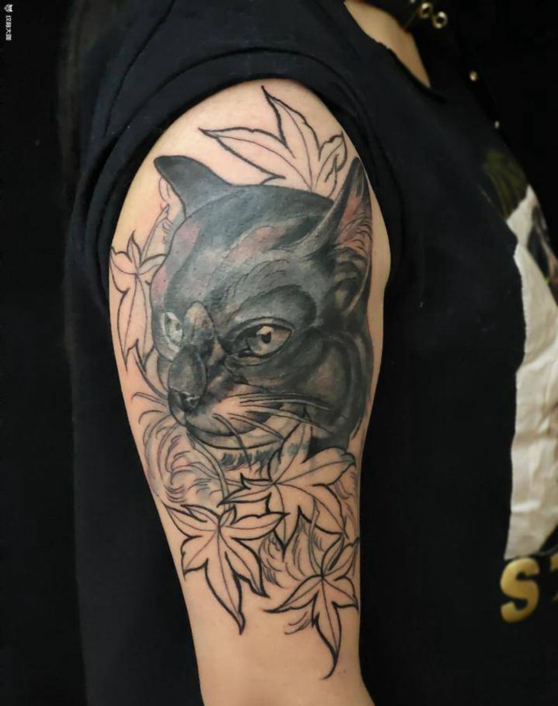 遮盖肖像纹身图片_手臂New SchoolOld School遮盖猫纹身图案