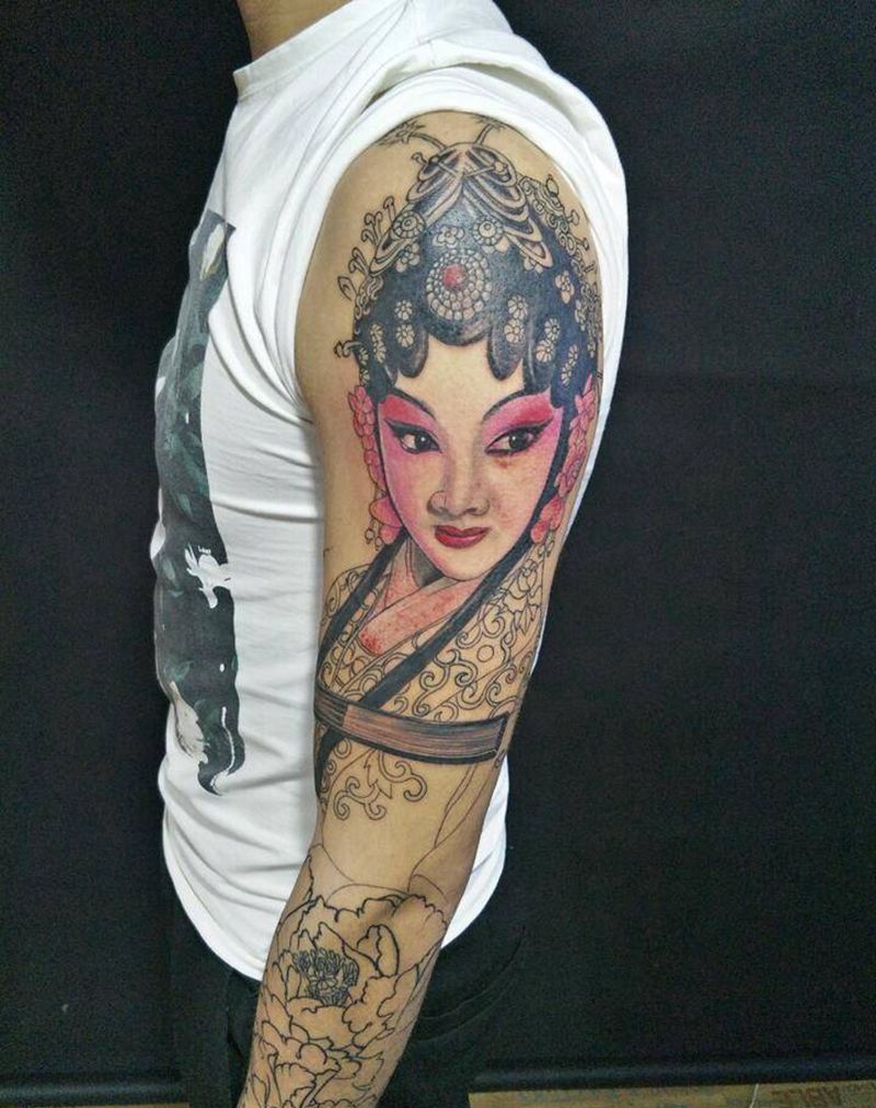 孤芳自赏纹身图片_肩部手臂手部传统人物植物原创成品手稿纹身图案