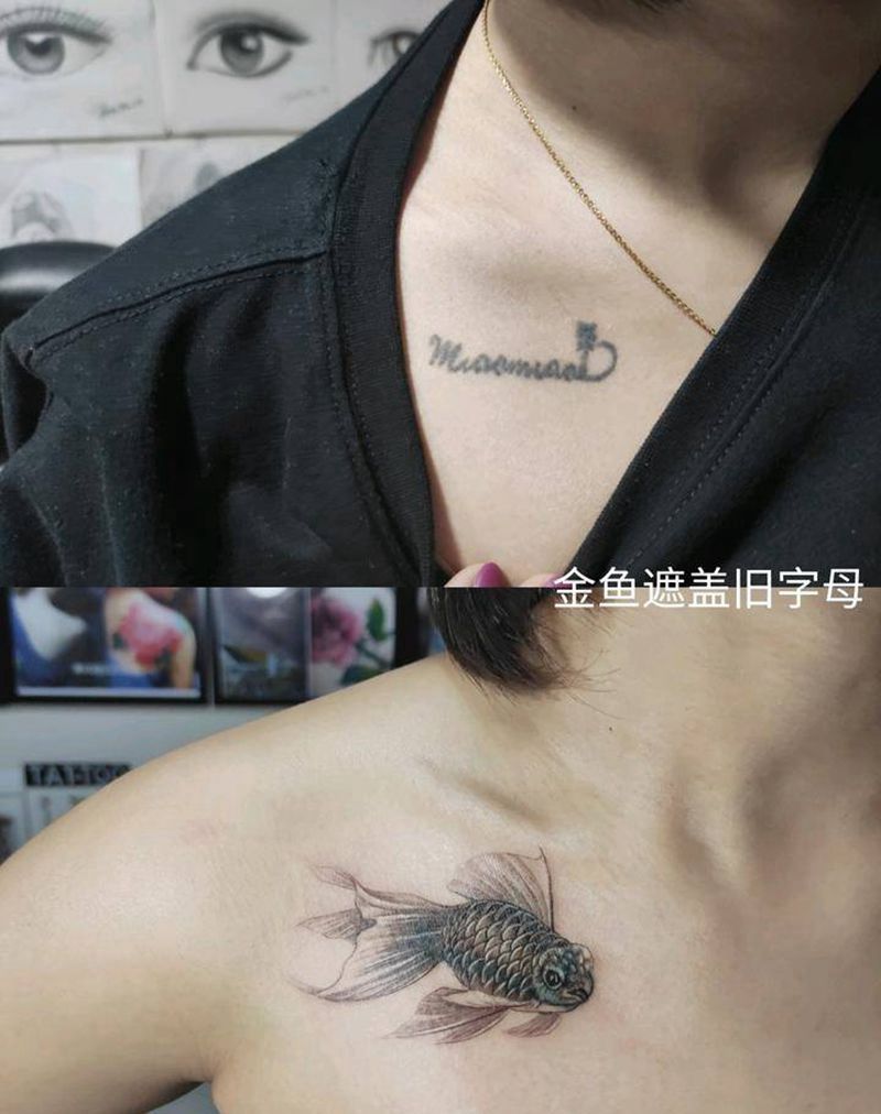金鱼遮盖旧纹身纹身图片_胸部新传统遮盖旧纹身纹身图案