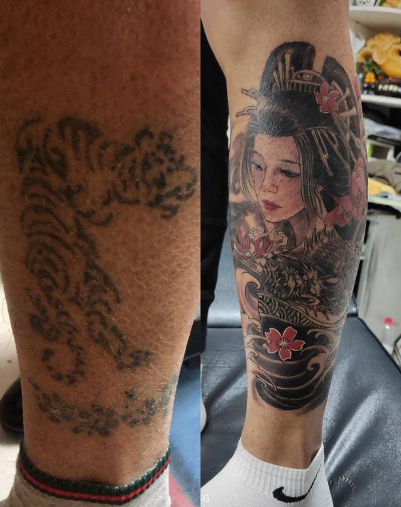 遮盖纹身纹身图片_腿部新传统遮盖旧纹身艺伎纹身图案