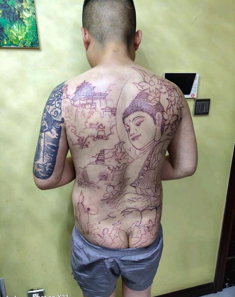 大日如来纹身图片_背部新传统纹身图案