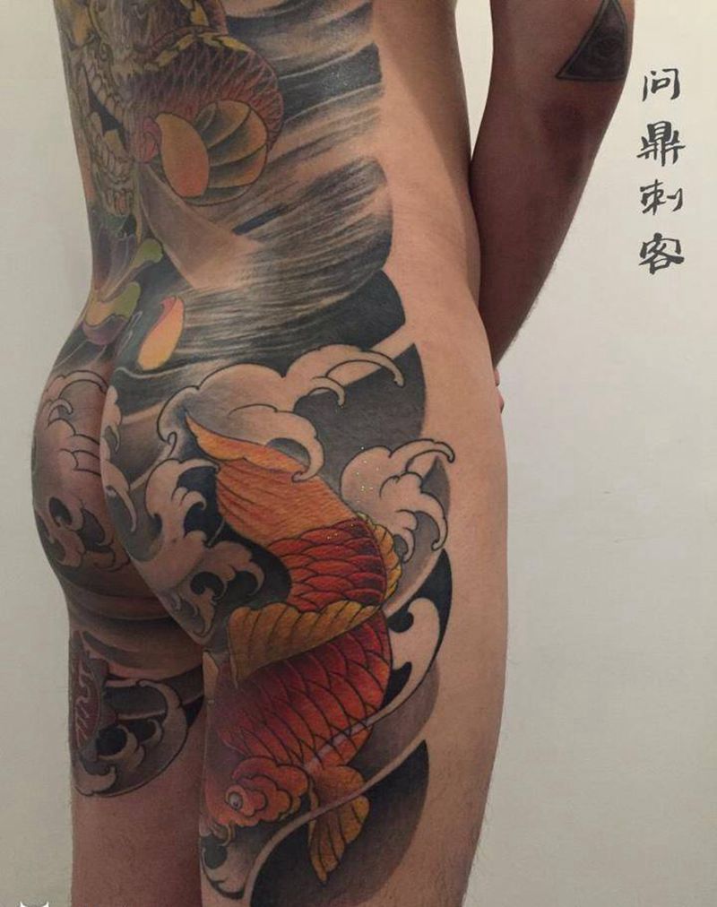 满背添加鱼纹身图片_成品背部臀部传统动物原创纹身图案