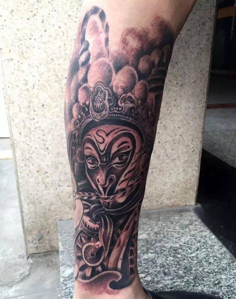 美猴王纹身图片_成品腿部传统人物鬼神纹身图案