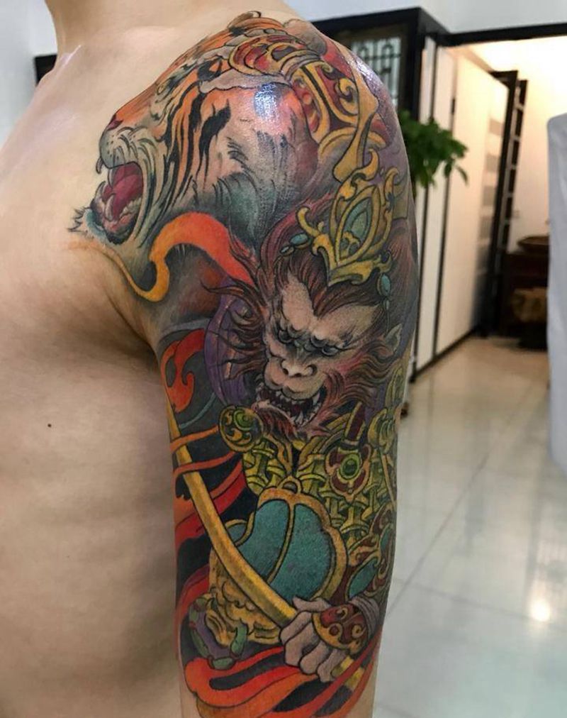 猴子纹身图片_成品肩部胸部手臂传统动物人物鬼神纹身图案
