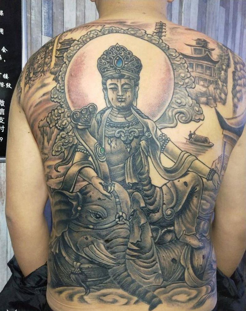 普贤菩萨纹身图片_背部传统动物人物静物鬼神宗教原创成品手稿纹身图案