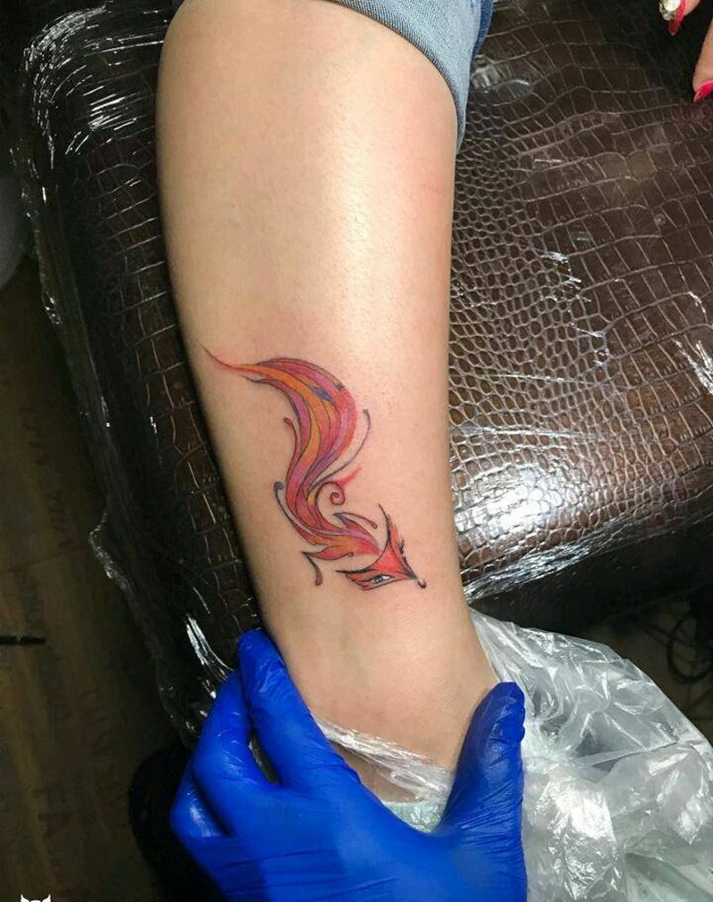 狐狸精纹身图片_腿部脚部传统动物情侣成品手稿纹身图案