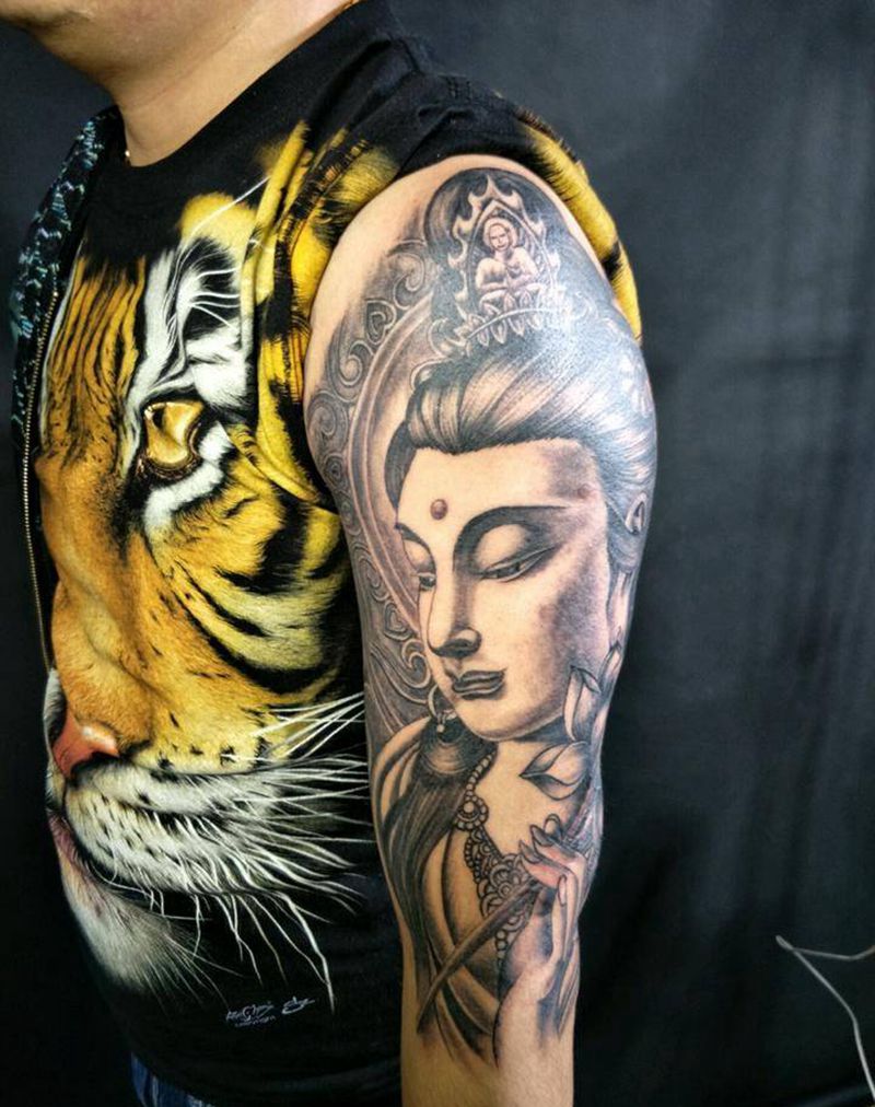 持莲观音纹身图片_手臂传统肖像国画人物鬼神成品手稿纹身图案