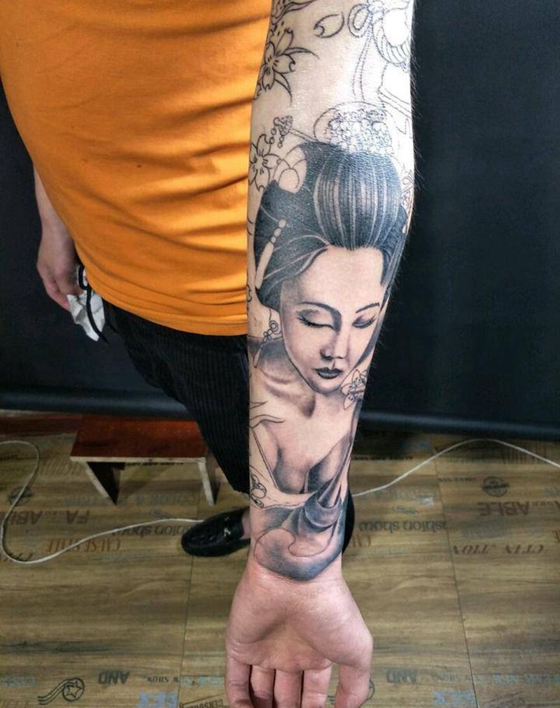 艺妓花臂纹身图片_肩部手臂传统人物成品纹身图案
