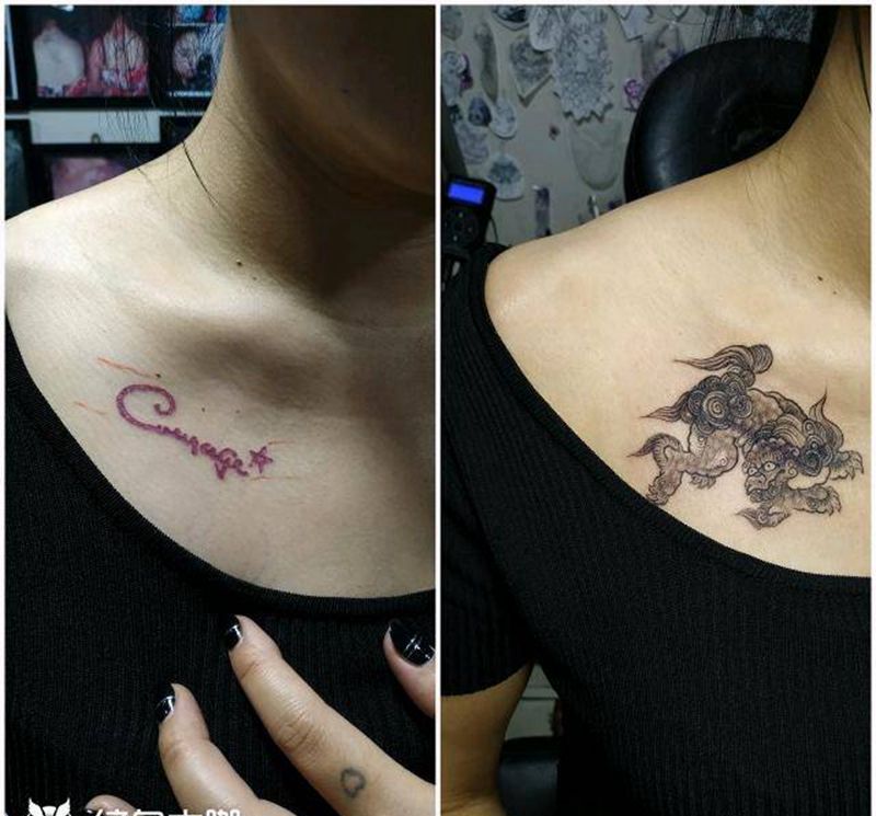 貔貅遮盖旧刺青纹身图片_胸部新传统纹身图案