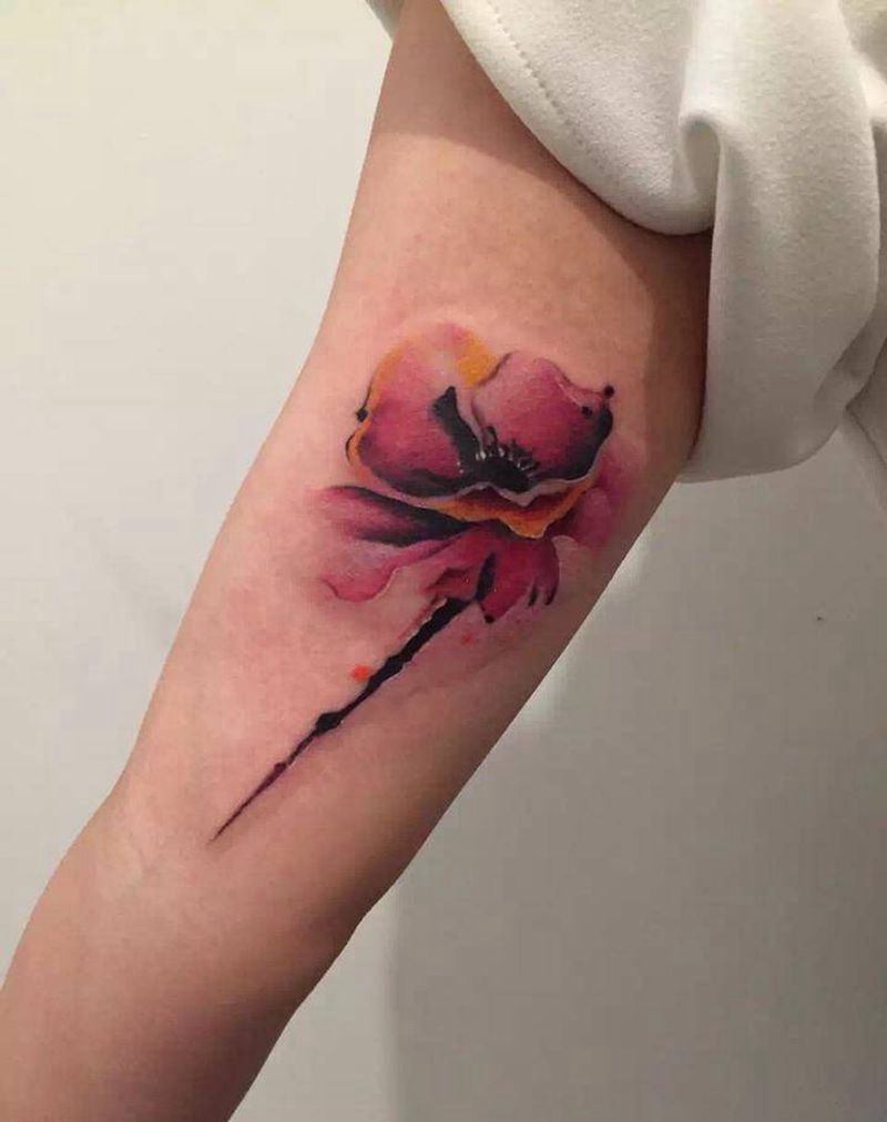 水彩花纹身图片_成品手臂国画植物纹身图案