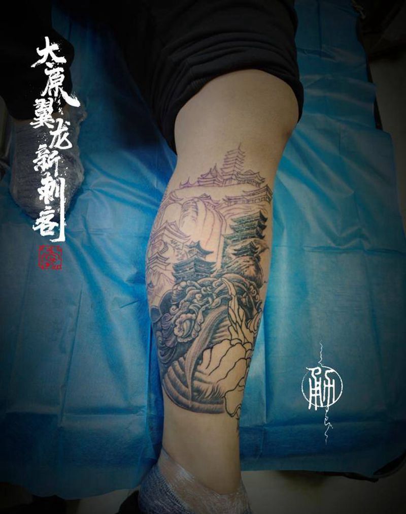 玄武白虎包小腿纹身图片_腿部新传统纹身图案