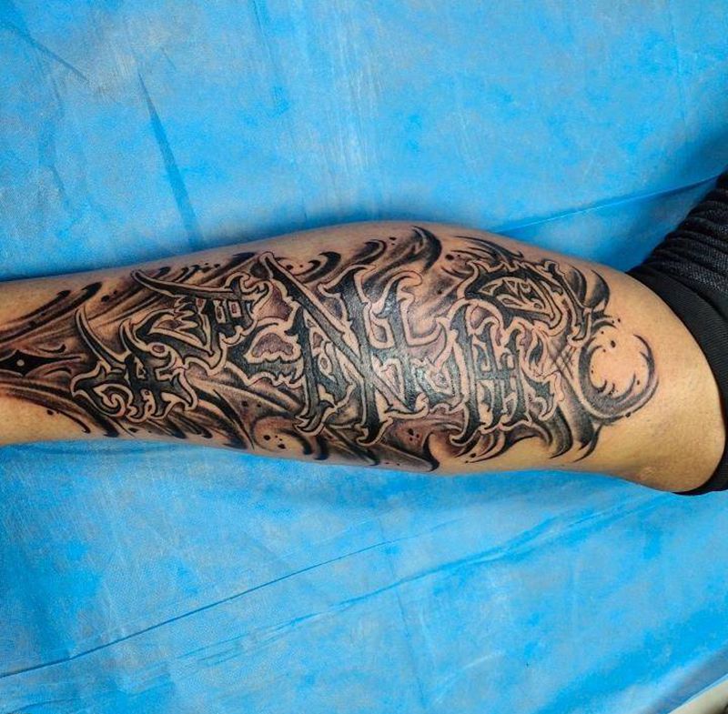 百善孝为先纹身图片_腿部花体字新传统纹身图案