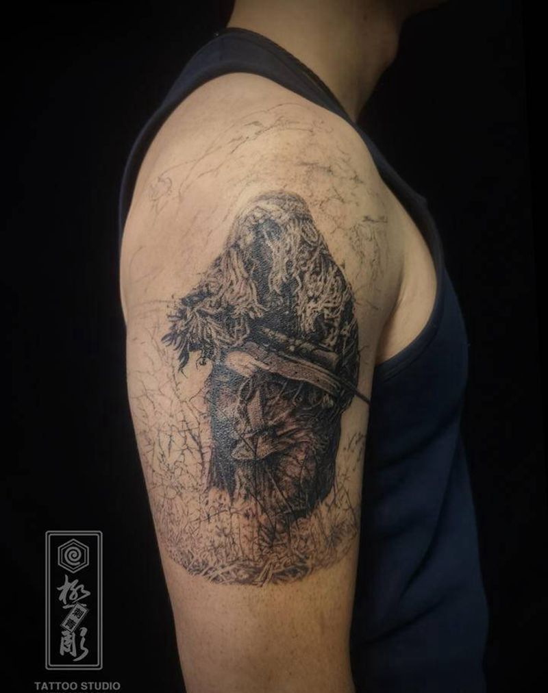 狙击手未完成纹身图片_手臂欧美写实纹身图案