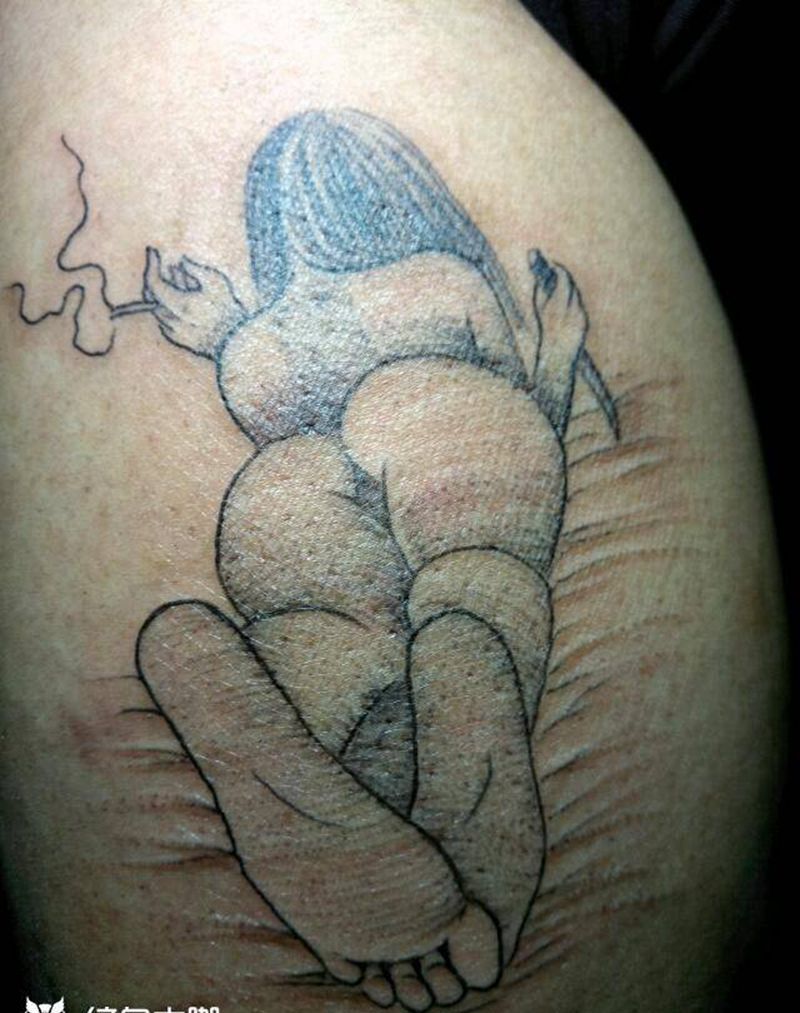 清新美女纹身图片_腿部清新人物成品纹身图案